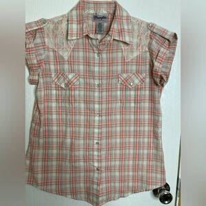 Wrangler Wrancher Shirts S Plaid Peach Teal Shortsleeve Lace Yoke Pearl Snap